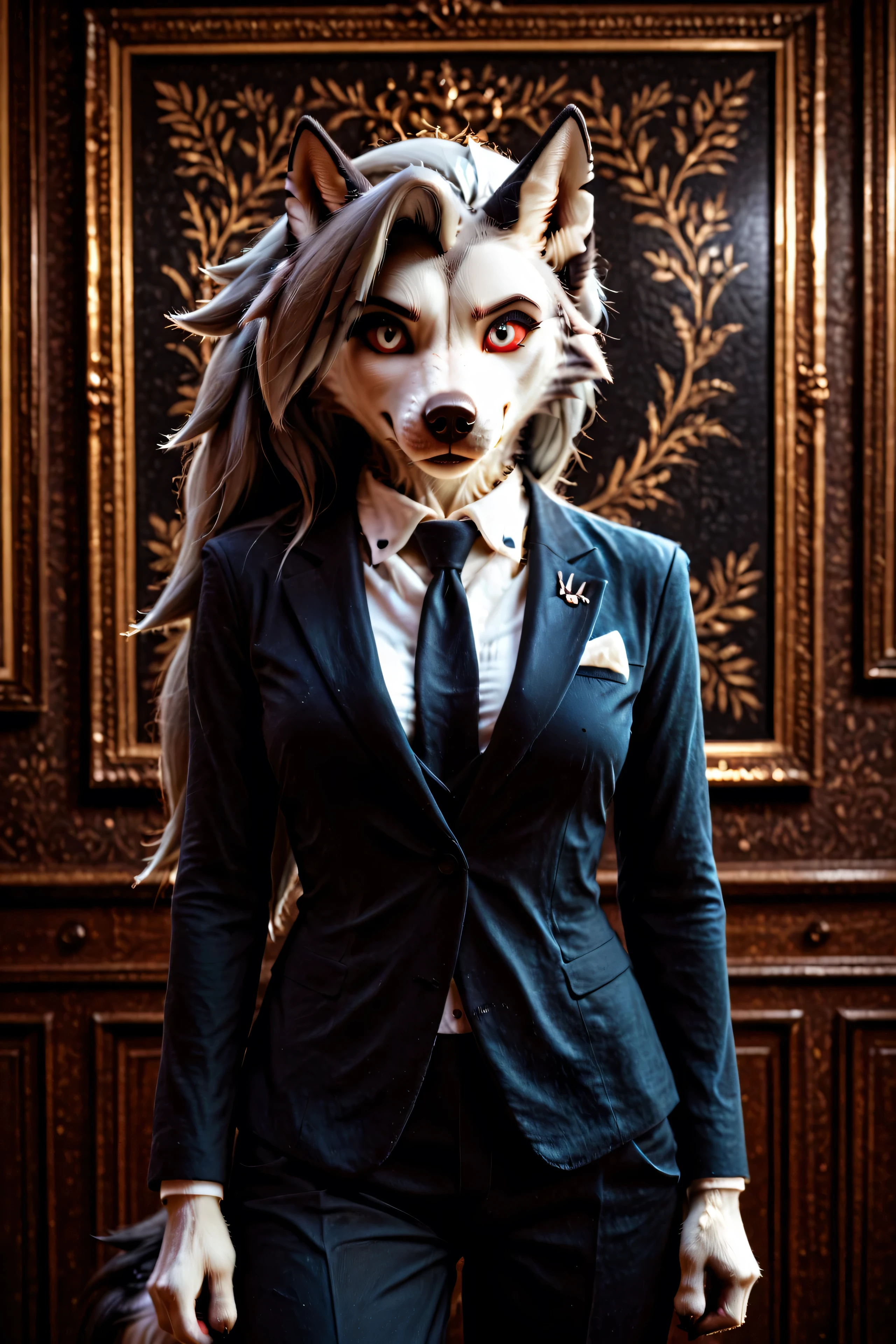 Loona, furry, realistic, fluffy tail, 1girl, Loona, in a formal suit and trousers, accompanies some important person like a bodyguard,, front view, high-range shot, ultrahigh details, ultra-realistic photo, two-tone fur, gray fur, anthro, wolf girl, animal nose, wolf tail, red sclera, white iris, canine teeth, bangs, absurd res, detailed skin, detailed hair, extremely detailed, sharp focus, sharp details, 8k, ((mouth closed)),