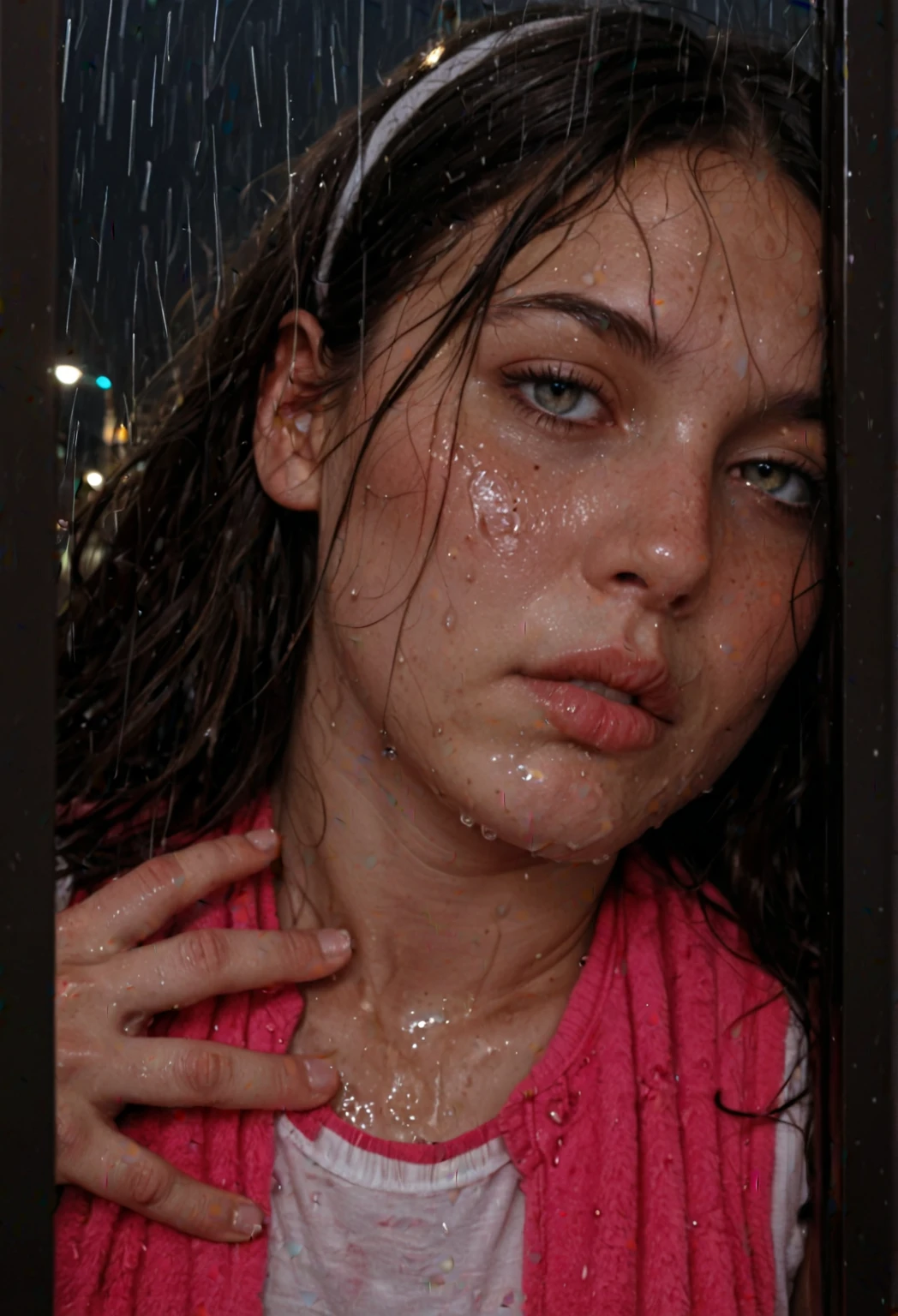 RAW photo, face portrait photo of a 18 years old shy french, cute face, outfitted in timeless indigo dress, having fun, hard shadows, cinematic shot, dramatic lighting, (wet hair), (cum on face:1.2), <lora:facial_cumsluts:1.2>