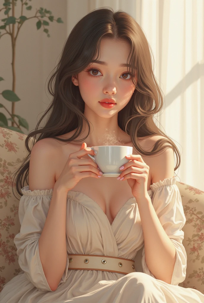 Girl with long hair, café , White skin, beautiful,