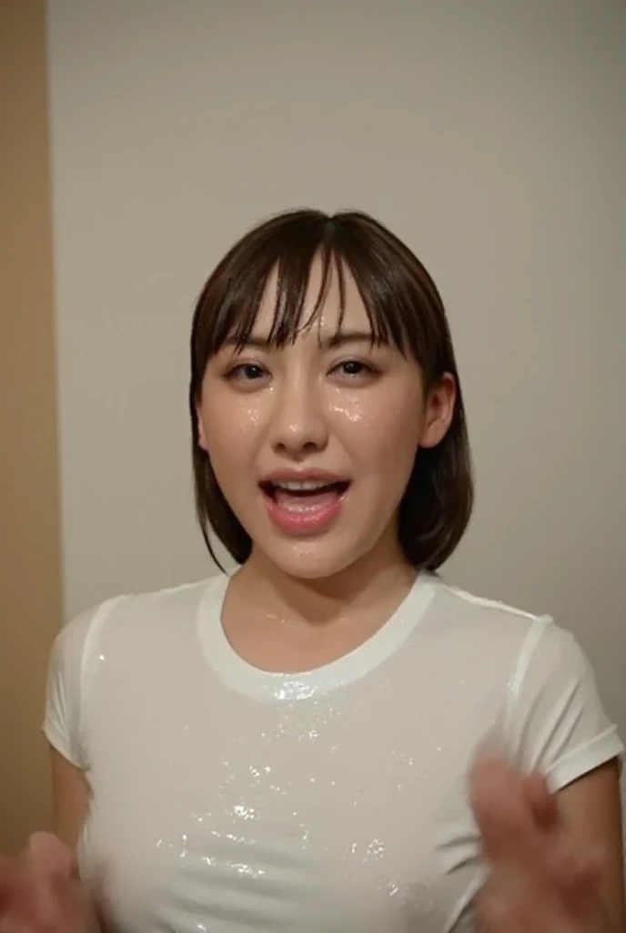 brown hair,cute face,gigantic breasts,bikini,blowjob,fellatio,deapthroat,brown eyes,laughing,other's hand on head,excessive cum,bukkake