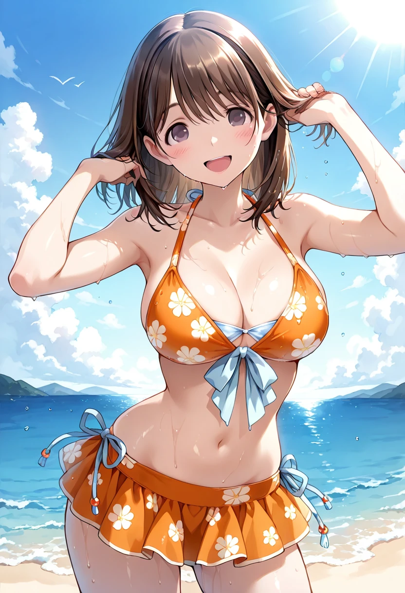 NSFW,1GIRL, (((Ryza:1.2))),((She squats in the water on the beach and splashes water on the viewer:1.6)),((The sun is dazzling)),((Wearing only a yellow fancy bikini:1.3))、{{bare skin arm}}、{{Bare skin legs}},(((masterpiece、highest quality、High resolution)))、(((brownhair))),{{Ryza's hairstyle}},{{short cut hairstyle}},{{{She only wears a headband with a ribbon on her head}}},Tropical Summer、{{nipple protrusion}},solo、laughter、beach、{{All parts other than the bikini are bare skin}}、(((On a beautiful sunny beach)))、view audience、slender erotic body type、Glossy skin、One cute girl、Glossy skin、realistic、(((She is laughing with her mouth open, looking very happy)))、,((cameltoe)),{{She doesn't have a supporter under her bikini}}