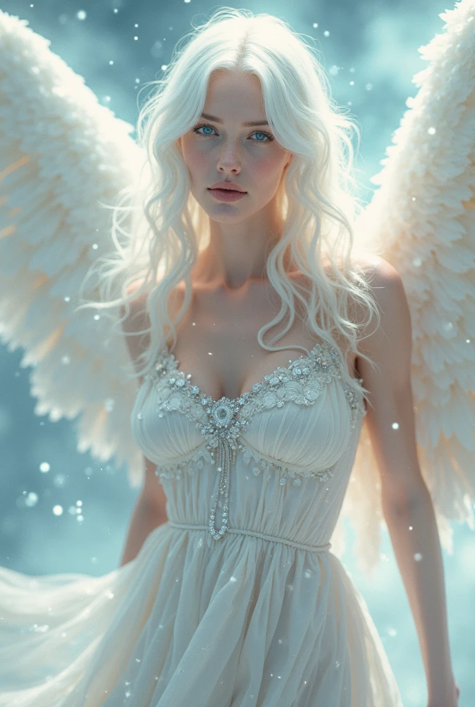 full body photographed from the eyes, beautiful, sexy young girl, white, fitted eyes, head bowed in a dress, white, long hair, looking down, folded hands, narrow eyes, pale skin, snow-white, spread angel wings from a bird, small detailed details, photorealistic homogeneous background