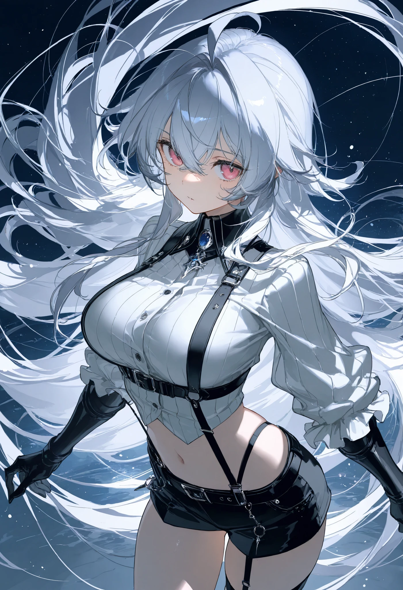 A girl,White long hair,Dissemination,Light blue pupils,Big breasts,17-year-old girl,Humanity,A bit dull,mild
