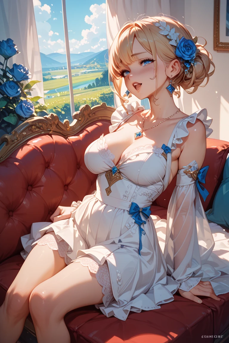 Anime style, super fine illustration, super clear illustration, highly detailed, beautiful detailed, super pale tone image, super delicate illustration, super calm & static image, static representation, gentle expression, 8k, pretty 1girl with blonde straight short hair & blue eyes & a bright smile & full bust & nipples & soft fair skin is wearing the Traditional maid dress not to show her skin in the romantic room, maid cosplay, solo, perfect fingers, perfect arms, perfect legs, masterpiece.