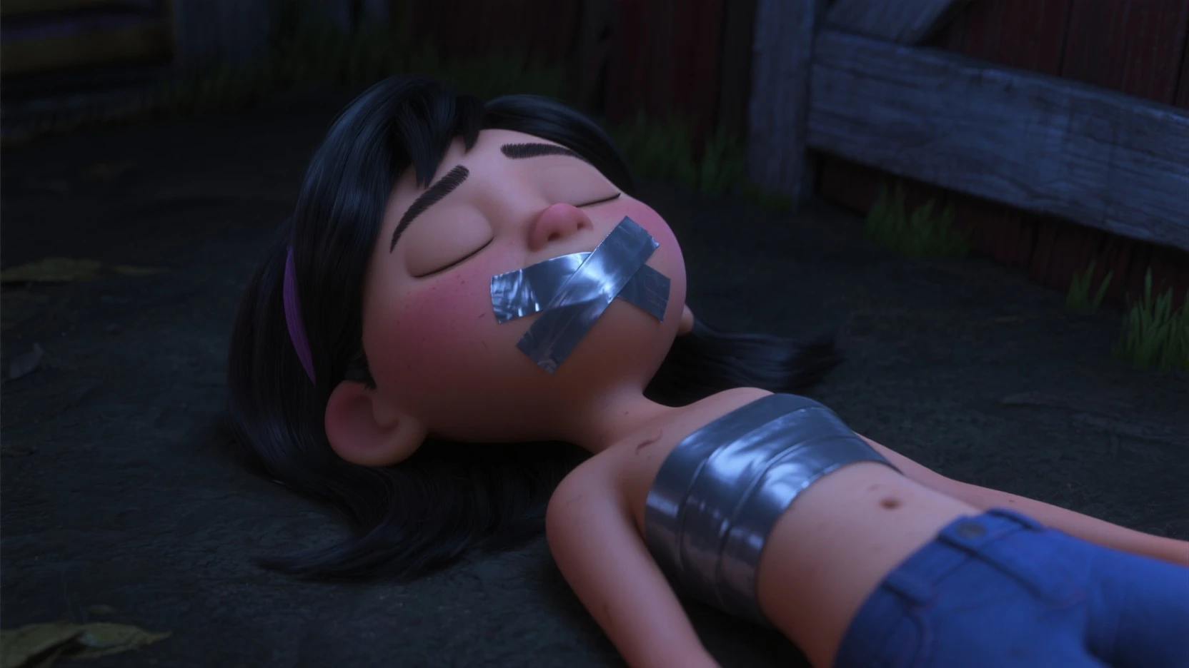 Violet Parr, nude, ((Bust size very very small.)),  muslos delgados, sin curvas, (pecho plano:1.2), muslos delgados, ((Bust size very very small.)),  (pecho plano:1.2), violetaparr, pelo largo, PELO NEGRO, pelo sobre un ojo, banda para el cabello, nude, gagged, bondage shibari, manos y brazos atados, bondage shibari, bdsm, Arms tied behind the back, arms behind the back, Arms tied behind the back, muslos atados, patas atadas, Gagged, bound arms, arms behind back, de frente, Ball Gag, bdsm,bondage, gagged, sitting position, Kneeling position, in the room, ball gag color roja, gag de correas, viendo hacia el espectador, looking towards the camera, shrimp position, babear, babeando, saliva en la gag, basement, sonrojada, en celo 