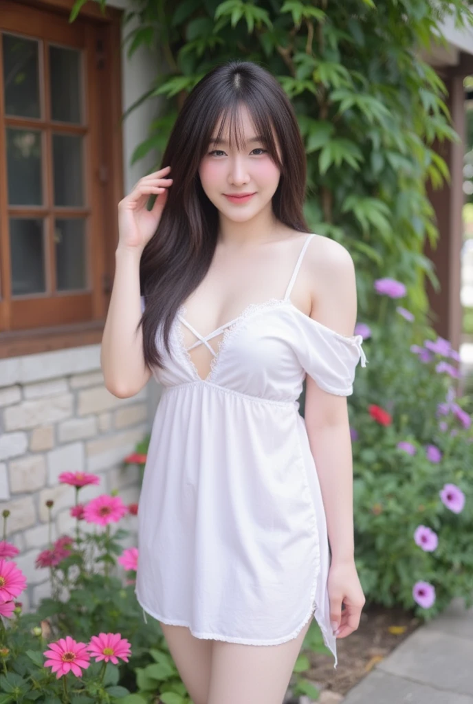 piel sedosa sexy tan hermosa Encantadora linda cara hermosa,Super long bluish long hair,llamativos lindos ojos hermosos,swinging sexy 19 years old beautiful cute, vestido blanco, Asian