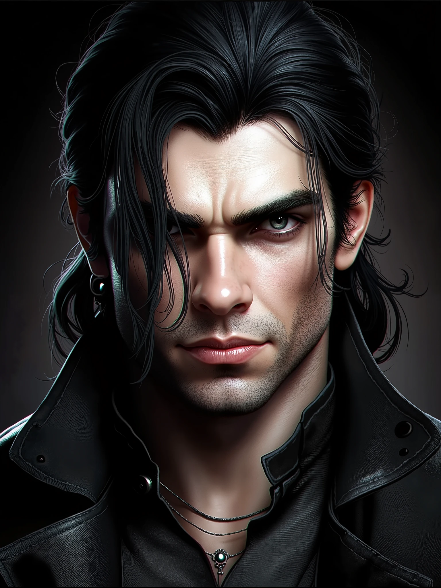 perfect anatomy, perfect face, perfect dark eye, dark anatomy, dark man, looking forward, red eyes, dark face, gloomy environment, short hair, male face, black leather jacket, dark eyes, double dark eyes, dark eyes, little torn jacket, perfect square face, hairless, raged jacket, no beard, smooth face, dark look, deep look, muscular --auto --s2