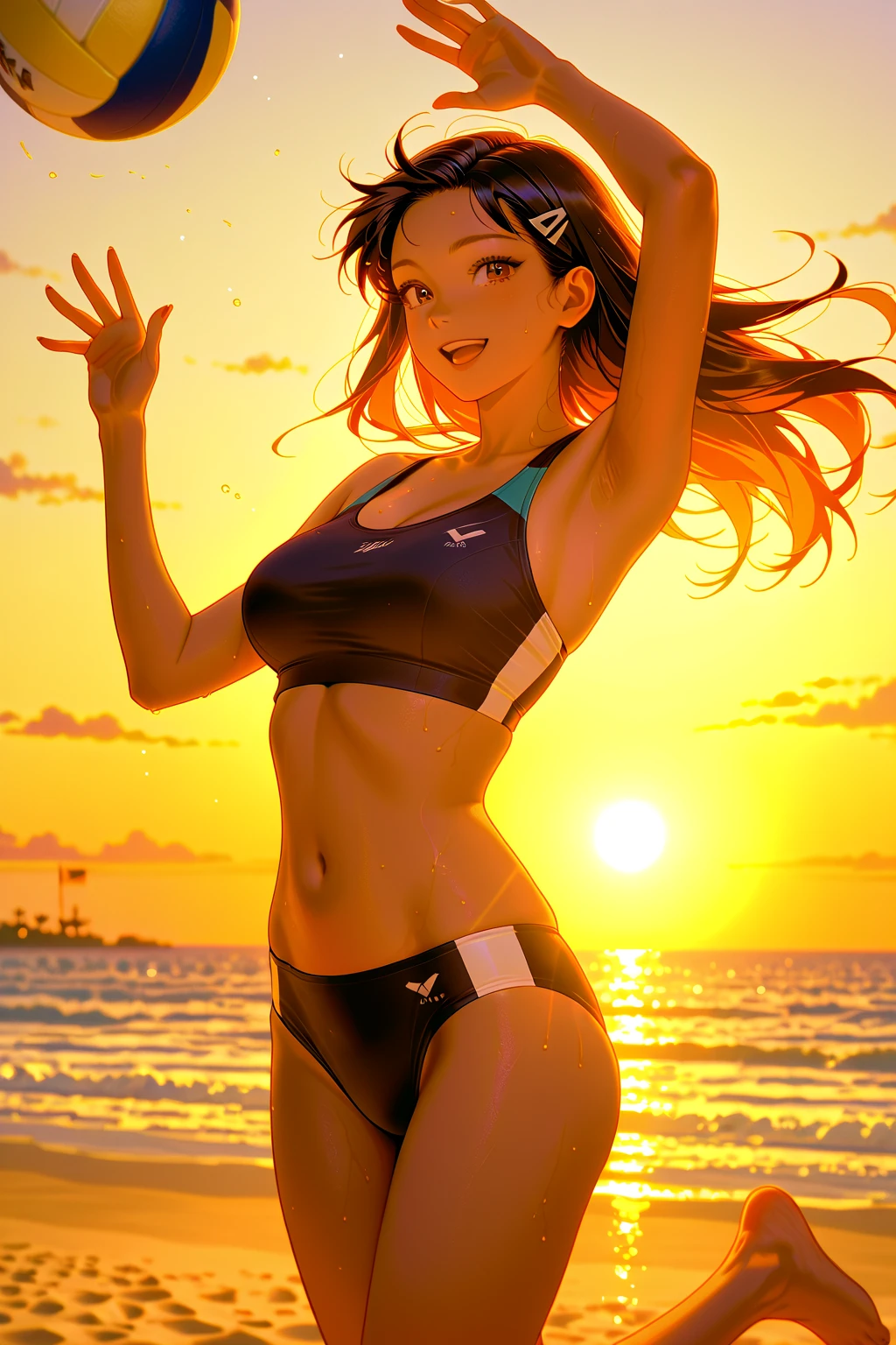 beautiful female athlete, athletic sportswoman, beach volleyball player, beach volleyball game, jumping to spike the ball, detailed facial features, beautiful eyes, detailed skin texture, muscular athletic body, dynamic jumping pose, beach setting, ocean waves, sandy beach, sunset lighting, realistic illustration style, detailed textures, vibrant colors, photorealistic, cinematic lighting, dramatic action scene, best quality | Rendered in ultra-high definition with UHD and retina quality, this masterpiece ensures anatomical correctness and textured skin with super detail. With a focus on high quality and accuracy, this award-winning portrayal captures every nuance in stunning 16k resolution, immersing viewers in its lifelike depiction. | ((perfect_composition, perfect_design, perfect_layout, perfect_detail, ultra_detailed)), ((enhance_all, fix_everything)), More Detail, Enhance.
