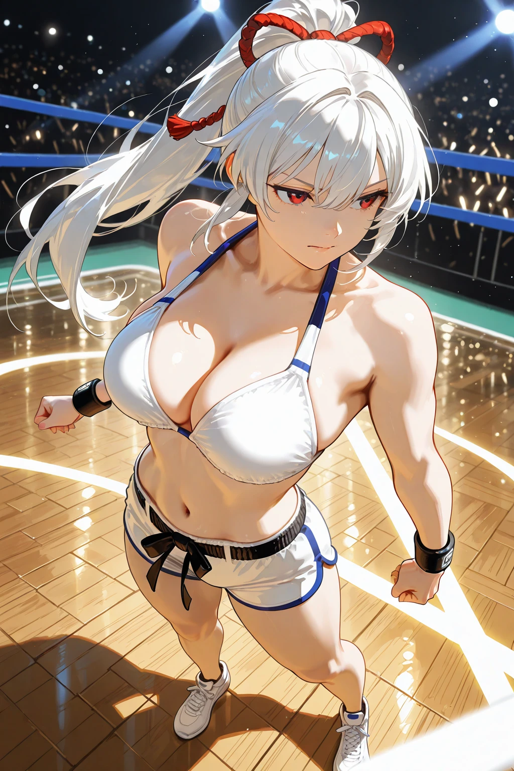 A cute woman with silvery bob hair and bright red eyes, Wearing sexy panties, She looks down on the viewer with a cute smile, Highly detailed and realistic, masterpiece quality, Very detailed, High resolution, Studio Lighting, Vibrant colors, Physically Based Rendering, Thick and muscular thighs, Beautiful muscular thighs, Wrestler
