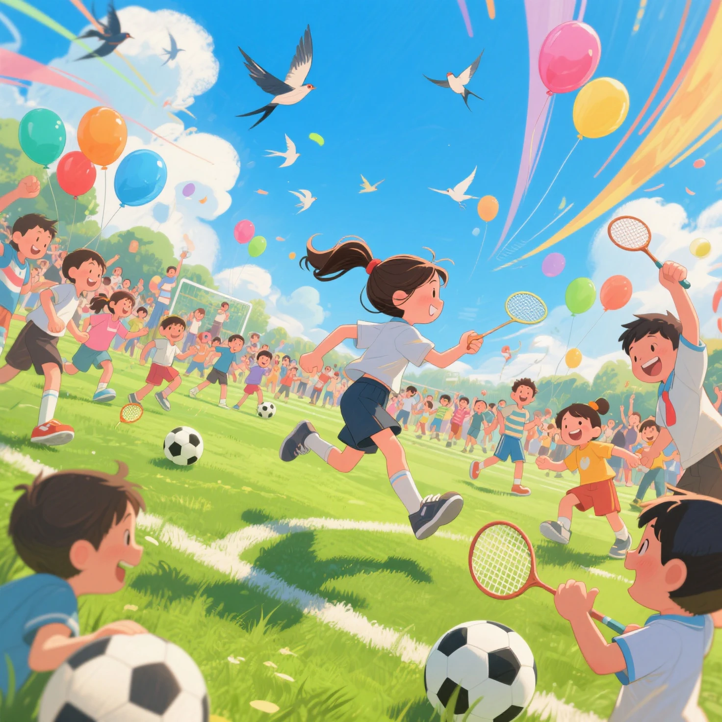 a horizontal photo, in proportion 21:8, to be used on a mural, of children playing with kites, balls in a park and soccer field