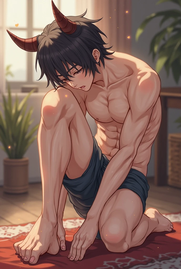1boy, anime boy, anime male, Standing with hands behind head, ahegao face, orgasm, oiled up shiny skin, no clothes, big penis