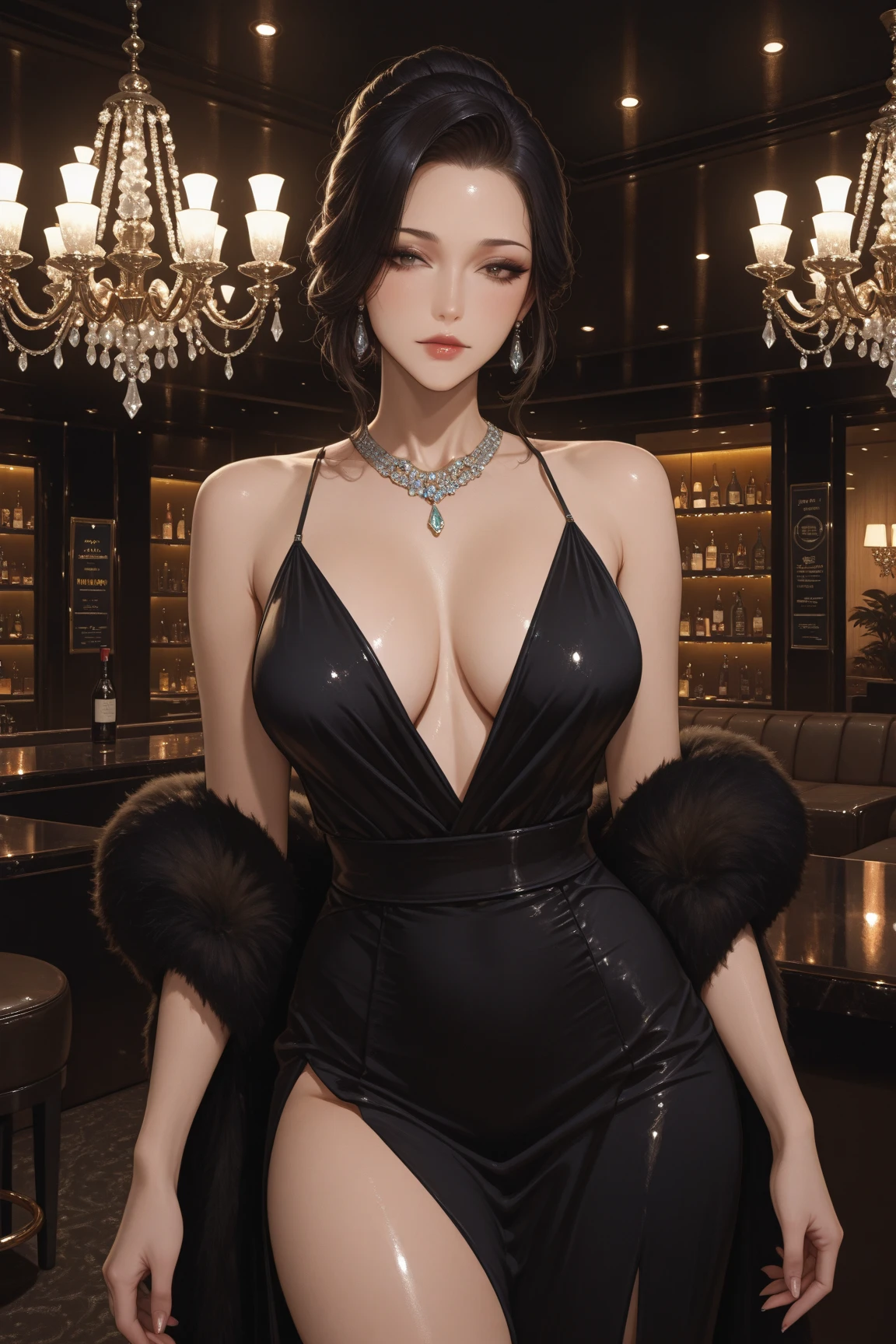((((masterpiece, best quality, high resolution)))), Extremely detailed 8K, Beautiful girl with voluptuous body, (Ultra HD, Ultra-detailed, Highly detailed, Highly realistic, Ultra-realistic, photograph realistic), (1girl:1.5), (Realistic black hair), (short wavy hair, hair ornaments, earrings), (dynamic poses), facing at camera, looking at viewer, (blushing red, embarrassed, exhausted, smile), (green eyes, sharp eyes), (massive perky breasts:1.2), (beautiful detailed face, beautiful detailed eyes), ((glittery black silk slit dress)), (detail pussy), (standing up), sweat, glow, (nightlight), ((cowboy shot)), jazz bar, seductive