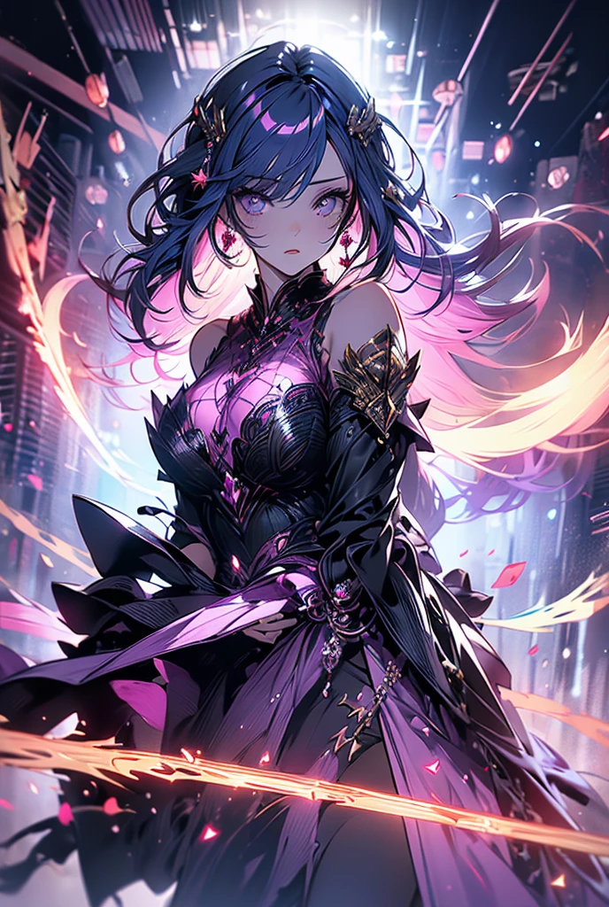((masterpiece, best quality, 8k))A captivating artwork of a darkly enchanting female character in a shadowy, magical setting. She wears dark and magical clothes in black and purple, perfectly matching her mysterious aura. Her short black hair and crimson eyes exude an intense beauty. She wields a dark staff, emanating a foreboding power.