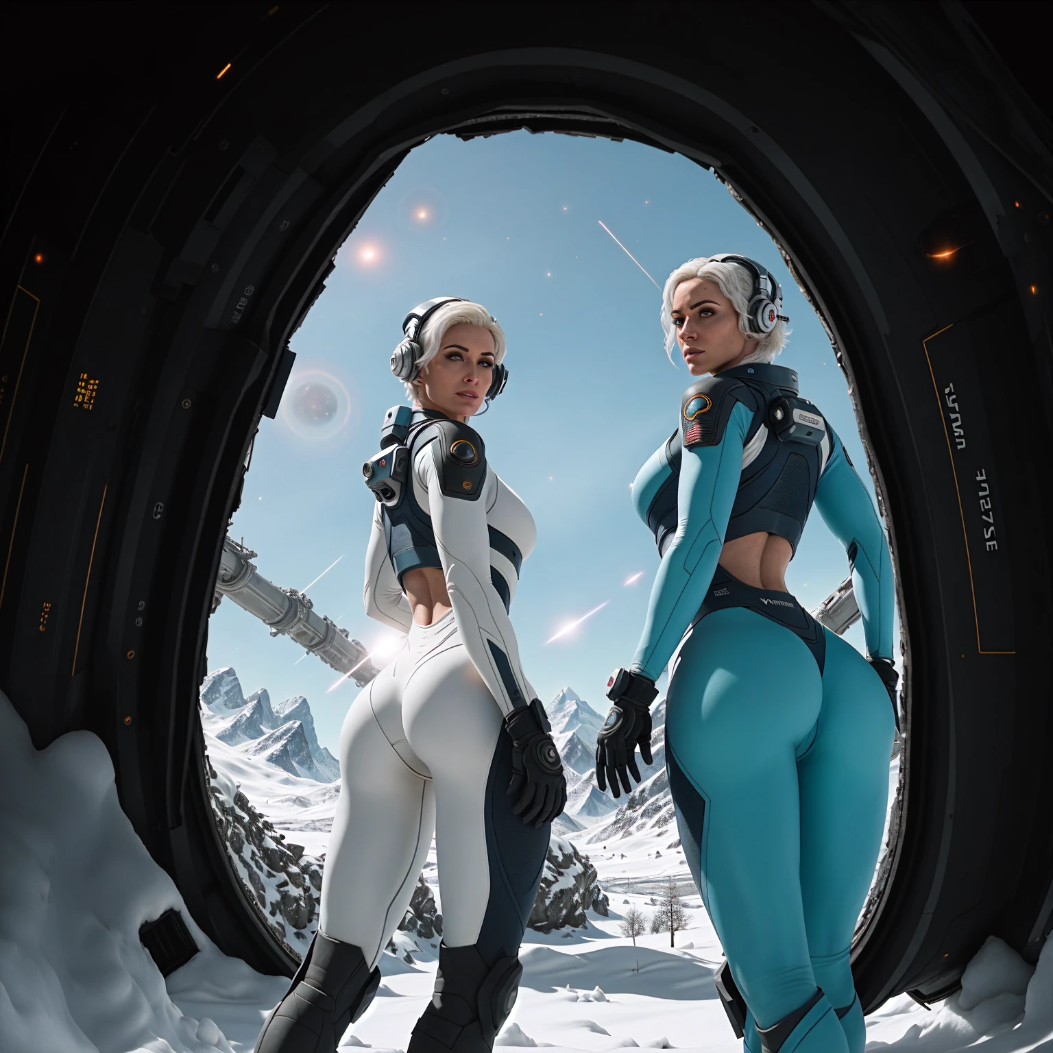 Highly detailed RAW color photographs, back corners, full body, (female space soldier, wearing red and white spacesuits, helmets, colored masks, rebreathers, prominent trophies, China), outdoors, (leaning on a balcony, looking at advanced alien structures), toned body, big ass, (sci-fi), (mountains: 1.1), (lush green vegetation), (two moons in the sky: 0.8), (highly detailed, ultra-detailed, complex), (Lens flare: 0.7), (Flood: 0.7), particle effects, ray tracing, cinematic lighting, shallow depth of field, shot on Sony a9 II, 50mm wide-angle lens, clear focus, motion picture film from gravity 2013