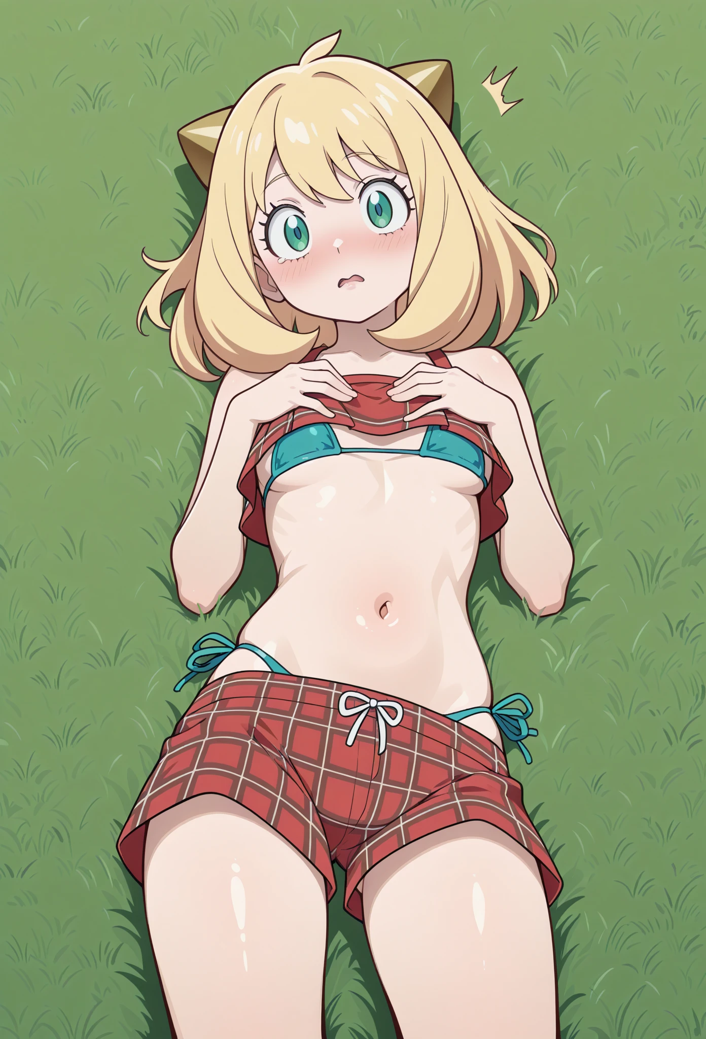 Furry girl, kangaroo, cute hair, two ponytails, blonde hair, green eyes, small breasts, detailed body fur, brown vest sleeveless, open clothes, red belt, green shorts, masterpiece, looking at you, two tone body fur, beige body fur, clear beige body fur, detailed face, big eyebrows, detailed eyes, detailed body, forest, clear sky, detailed hands, glistering body, skinny, pink headscarf on head, :3, perfect lighting, perfect shadows, perfect eyes, perfect hair, perfect face, gorgeous body, full body, feets whit three toes, lying down, beach towel,
