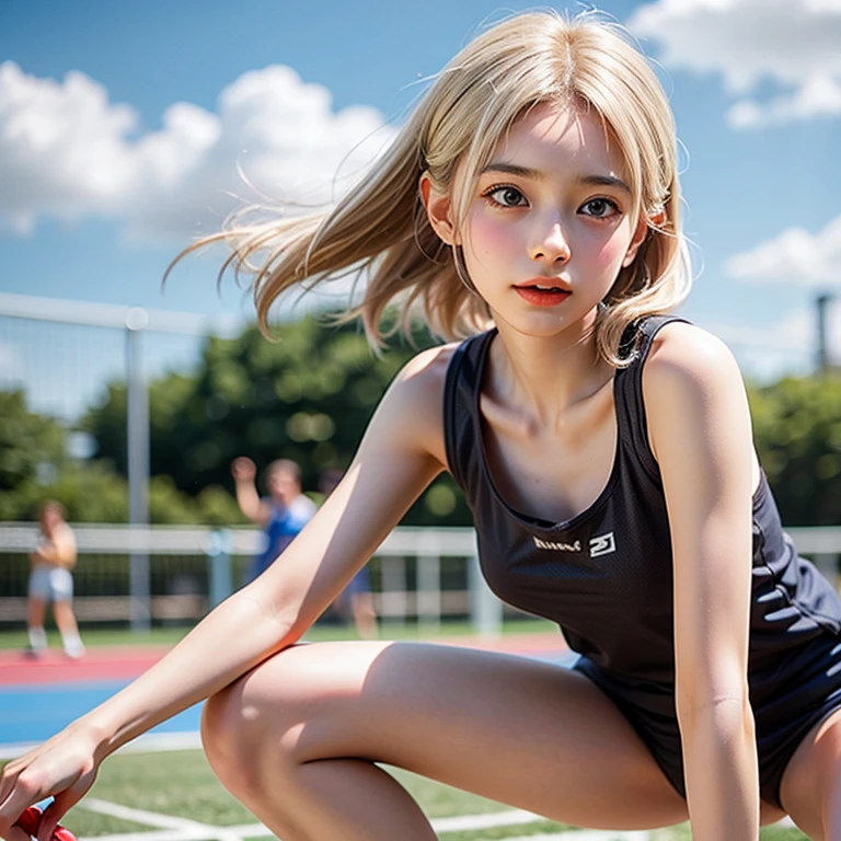 ultra high resolution photos、Accurate depiction of the human body、sunlight、Full body Esbian、Athletics、young girl、"Photographed alone"、With the athletics stadium in the background、very accurate super young girl、very, very young face、"small sports bra for exercise"、"Bloomers with holes that expose the crotch"、"The hips are exposed"、"extremely small breasts"、"very young short girl"、Sweat、Climax、Cumming face、pleasure