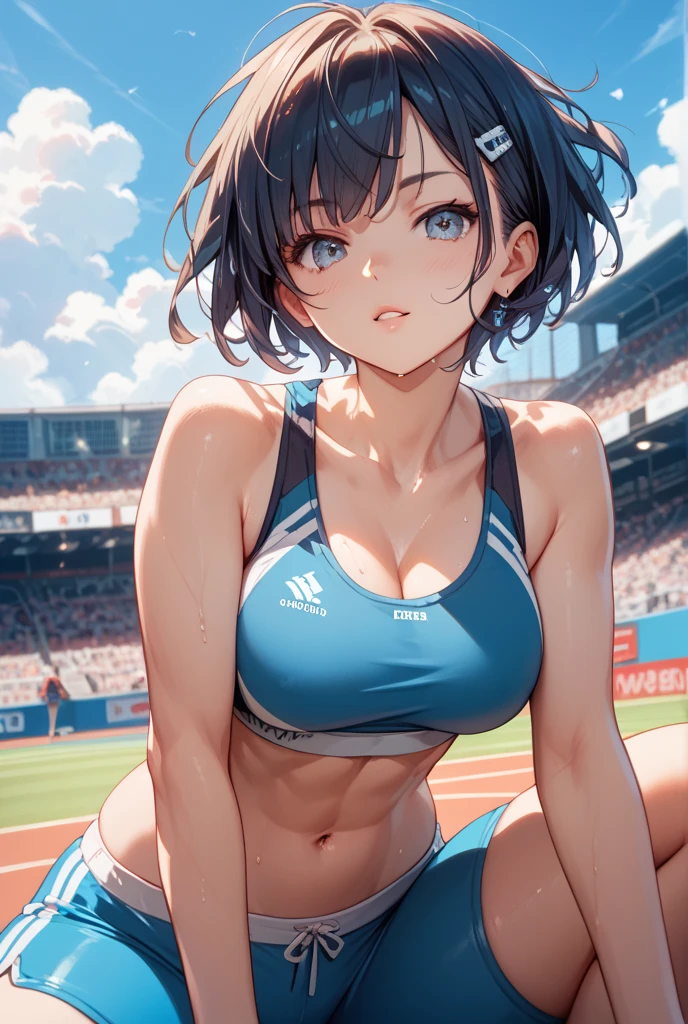 eishin flash\(umamusume\), ((ultra-detailed face)), symmetrical face, beautiful face, masterpiece, best quality, front, sports bra, horse tail, light smile, sweat, athletics track, well-muscled, abs, slender, large tits, audience