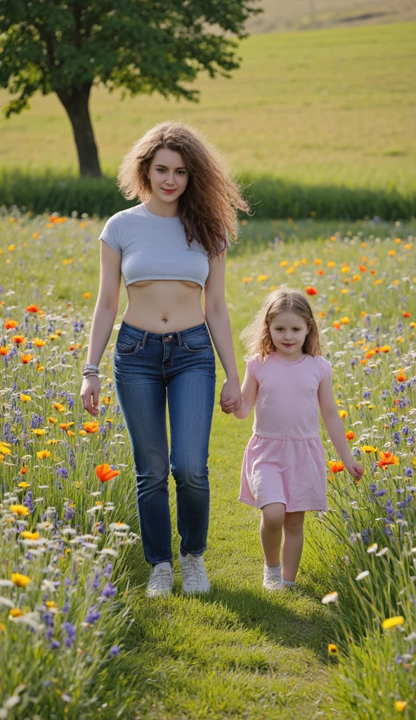 young mother with daughter in jeans with flounce in park,  19th century photo, deep focus, vintage film grain, color correction retro style, soft lighting,