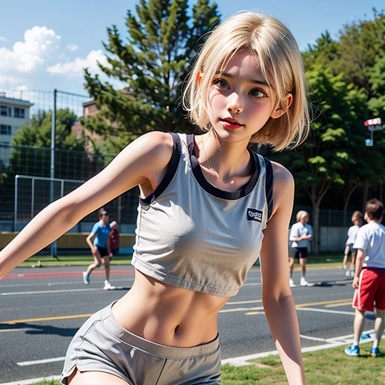 (Girl and Girl), 二人のgirl, girl, Play sports often, Bloomers, Shorts, A light smile, Blonde, Outdoor, pants, Thighs, ((Sunburned skin)), Dark Skin, prison, 