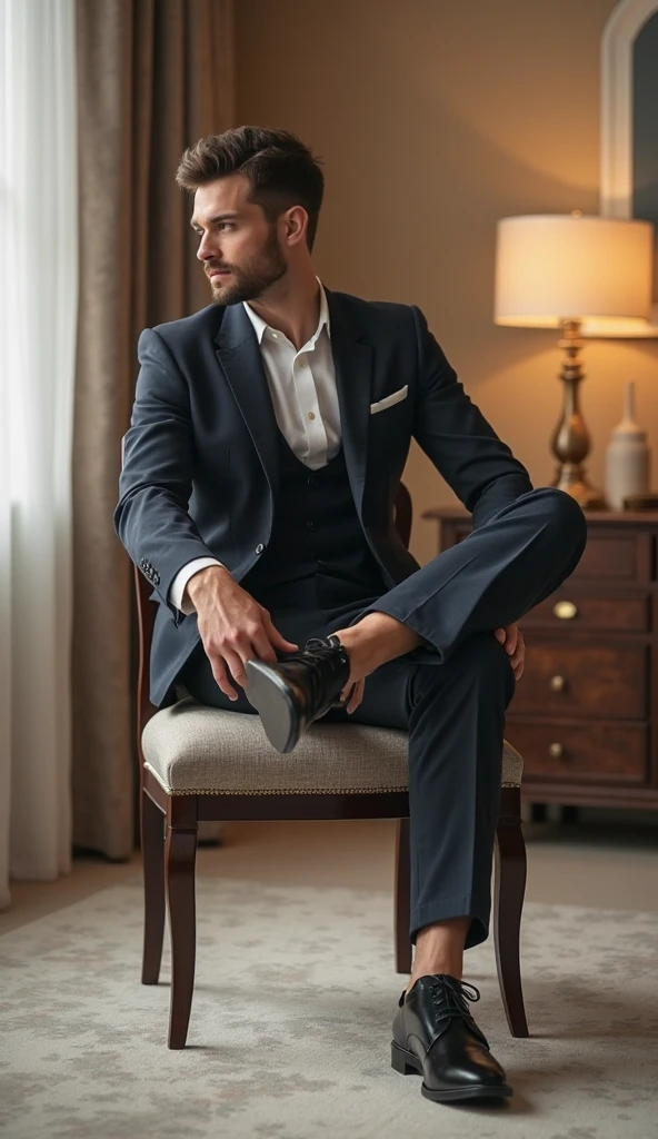 ((half body)) RAW Photo Ceo man sitting in an office chair, wearing black suit, (Using dark and attractive beard) movie scene, (Impeccable) ,Serious and elegant man, Actor Jamie Dornan, with thick male eyebrows, secret agent 007 man style, (with mysterious and serious face,) short dark hair, dark black background image,elegant and elegant, Man similar to actor Jamie Dornan, ( high quality and realistic image), ((Best Quality, 8k, Masterpiece). He’s being