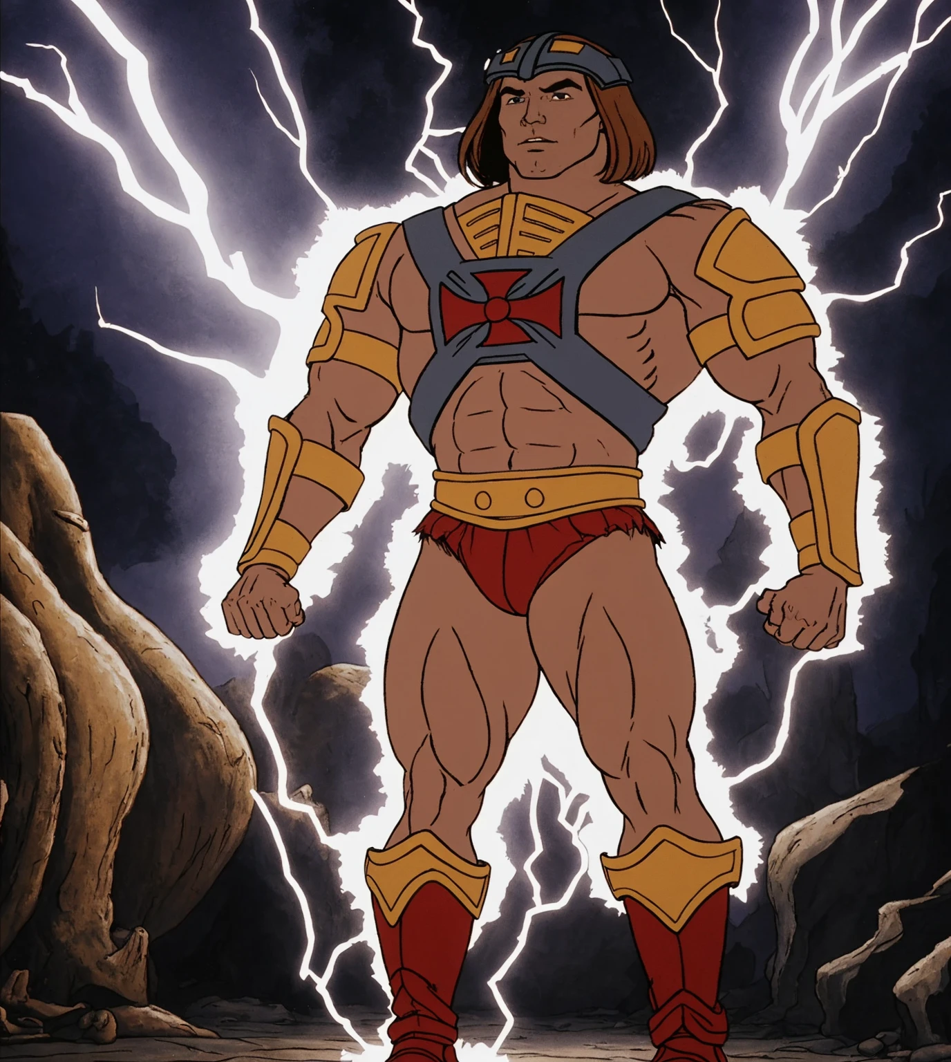 he-man, masterpiece, best quality, intricate, high detailed, absurdres, perfect, 1man, solo, muscular, abs, blonde hair, blunt bangs, wristband, manly, orange hair, heroic stance, dark dungeon, volumetric lighting, realistic, photorealistic, inked, light from below, cowboy shot, from below, by joe madureira <lora:he-man_offset:0.8>