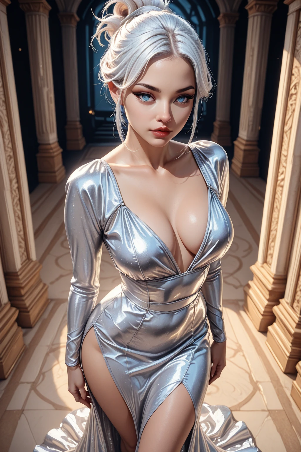 (realistic:1.2, best quality, highres), sexy woman, blue eyes, long hair, wavy hair, sequin silver dress, sleeveless, cleavage, modern, stylish, futuristic, ultra-detailed, party atmosphere, vivid colors, dynamic lighting