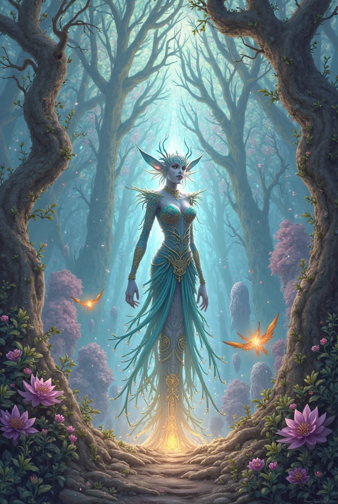 Digital fantasy art, a forest dwelling creature, it's a hybrid part human part magical being, it's body is radiant and bioluminescent, fully in harmony with it's surroundings, intricate details, HDR, masterpiece, 8k, amazing composition, colorful and vibrant, (style of Brian Froud)