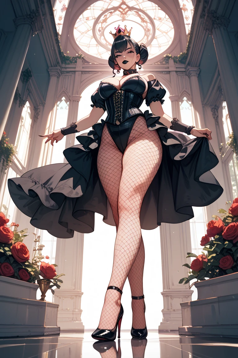 big arse under ((gigantic)) comically large long red hoopskirt crinoline, rigid fabric, structural fabric, victorian era, ridiculous bell-shaped dress diffusing sunlight, naked, nsfw, (frog perspective), (upskirt view), (back view), (bent over), seen from below, crouching