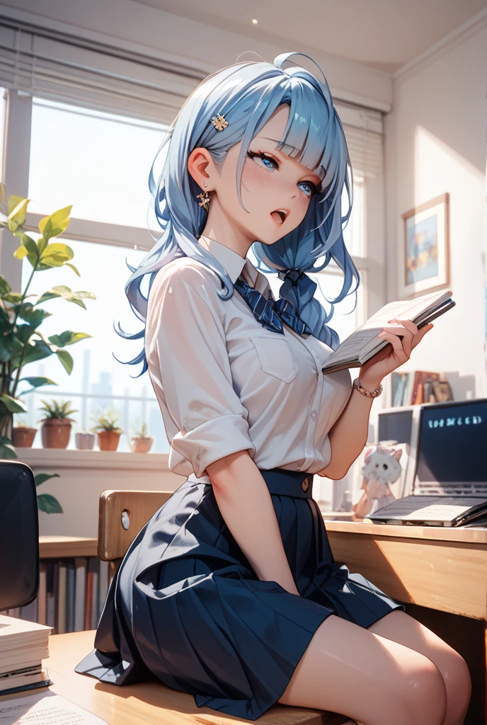 (One Girl),(Beautifully drawn eyes in every detail、Look at the detailasterpieceサイドライト、masterpiece、Highest quality、detailed、High resolution illustrations),Woman using computer in office、The Big Picture、Age 25、OL、Casual wear、Laughter、frontage、Upper body、Blue Hair、Short Bob Hair、Upper body、