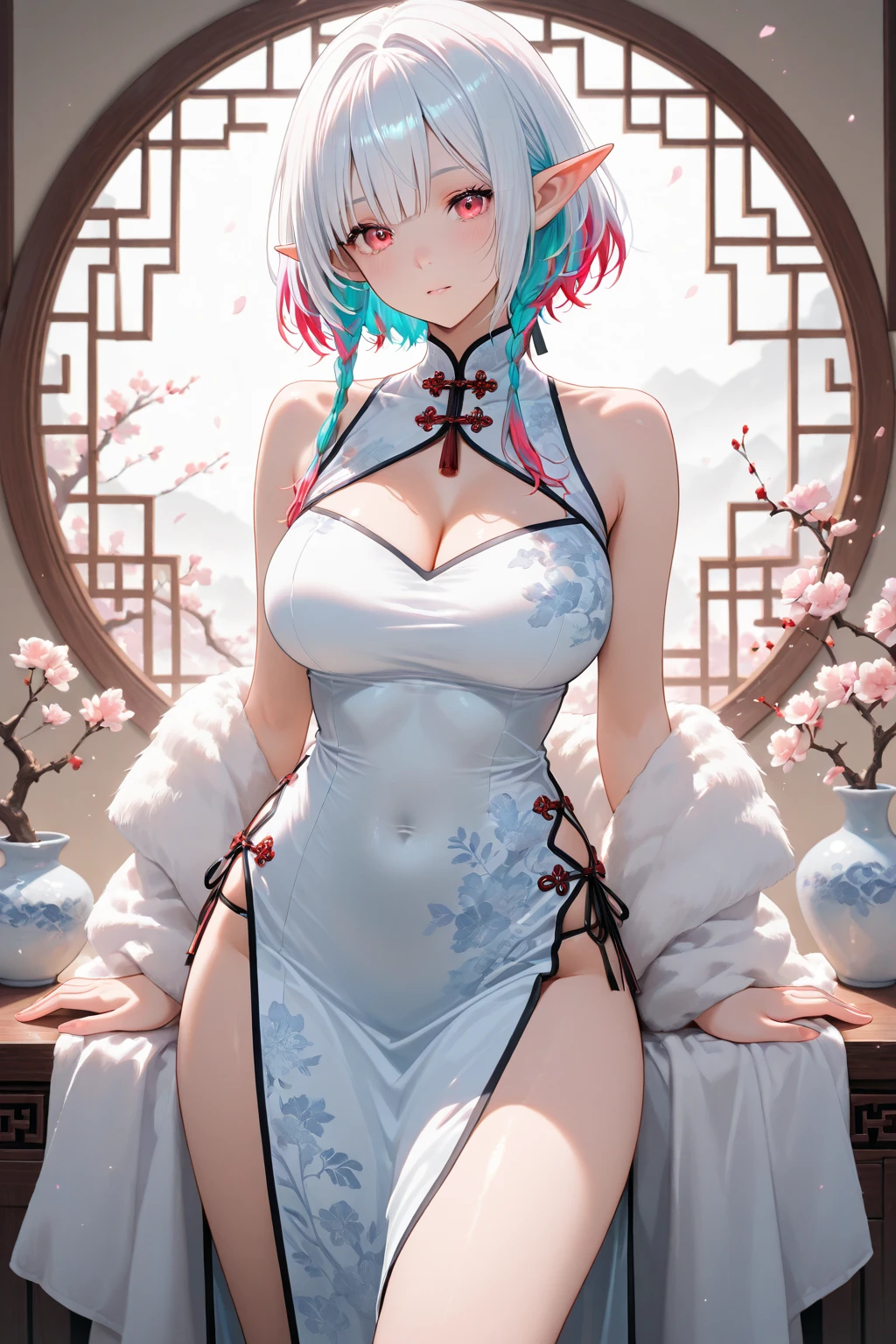 <lora:FinalFantasy_FemaleWhiteMage:0.8>, ((WhiteMageFFT, long hair, blonde hair, twin tails, braid, hair over shoulder, white mage, hood, robe, (long robe, knee-length robe), gloves, pantyhose, boots,)):1.2,
BREAK((1woman, adorable, cute , clear face), (full body:1.35), ((a woman wearing a sliver clear glasses):1.2)),
BREAK(perfect(anatomy,body,face,hand,leg,foot,finger),(green eyes, (multicolor sky blue pink hairs):1.15, very long hairs):1.2, cleavage),
BREAK(soft light, light on face, cinematic lighting,dynamic angle, dynamic posture, detailed shadow, detailed lightning, (wide view, wide-angle lens)),
BREAK(beautiful detailed woman, glossy pink lips, (milky skin, shiny skin):1.25, makeup, blush,eyeliner, eyeshadow, eyelashes, textured skin, collarbone, perfect skin)
BREAK(<lora:more_details:0.7>, extremely detailed, CG, 8k Amazing, finely detail, (masterpiece:2.0, best quality), (intricate details, depth of field)),
BREAK((<lora:uber_saggy2:0.67>, saggy, sagging_breasts, (medium breasts))),
detailed abandoned mage tower, indoors, flowers growing on the broken floor, detailed interior, <lora:Magic Circle_20230812103010:0.8>, PIXIV, Magic Circle, white glowing, magic particles,