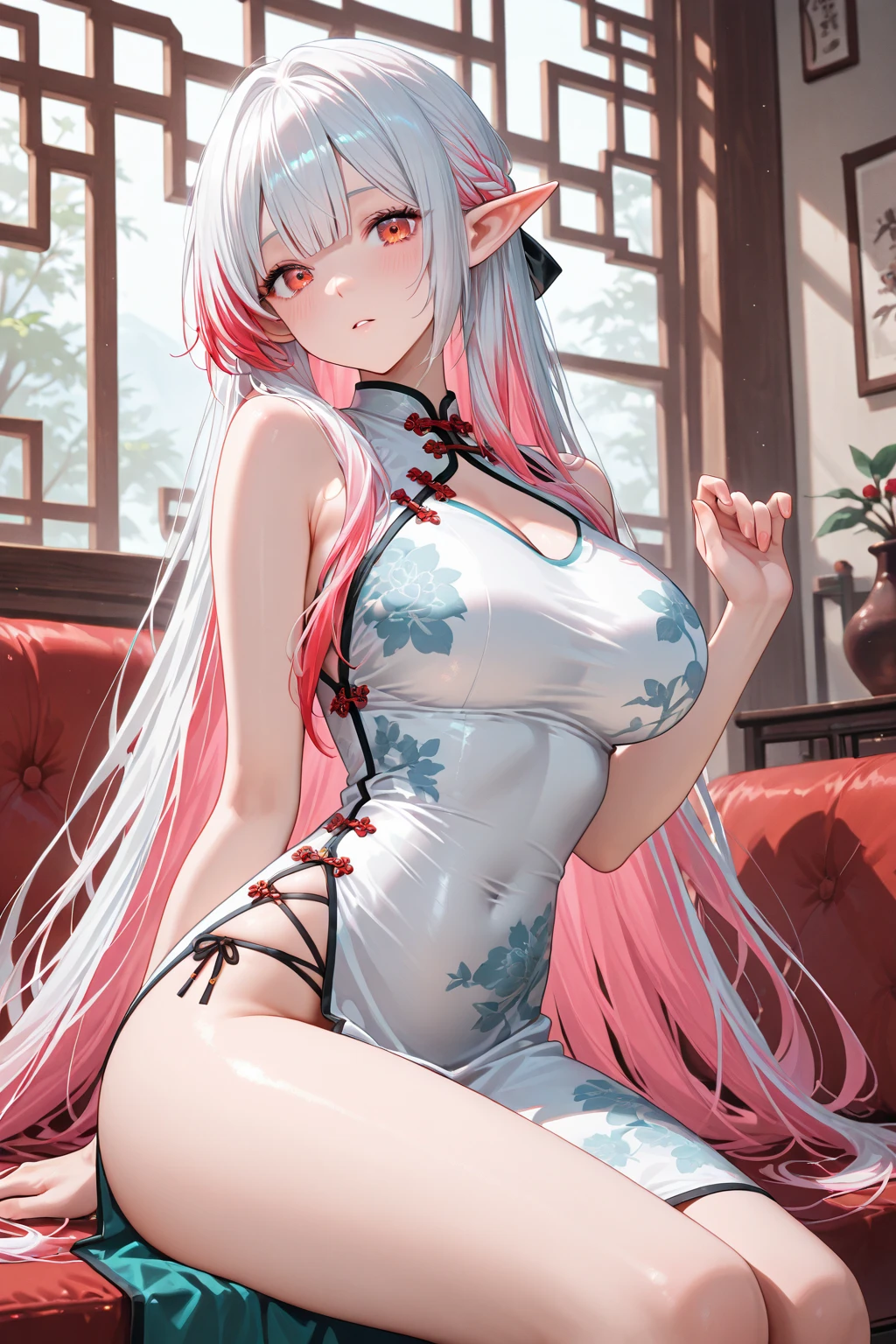 (masterpiece:1.3),(highly detailed:1.3),(highres:1.1),best quality,Ultra-detail,1girl,solo,kitchen,jelofolkwang,naked apron,((white apron)),ass,sideboob, unclear clothes , white pantie, ((perfect body)), salon,((take off pantie)), legwear ,hand pantie, ((perfect breast)), perfect face,slightly curved body,pink eyes