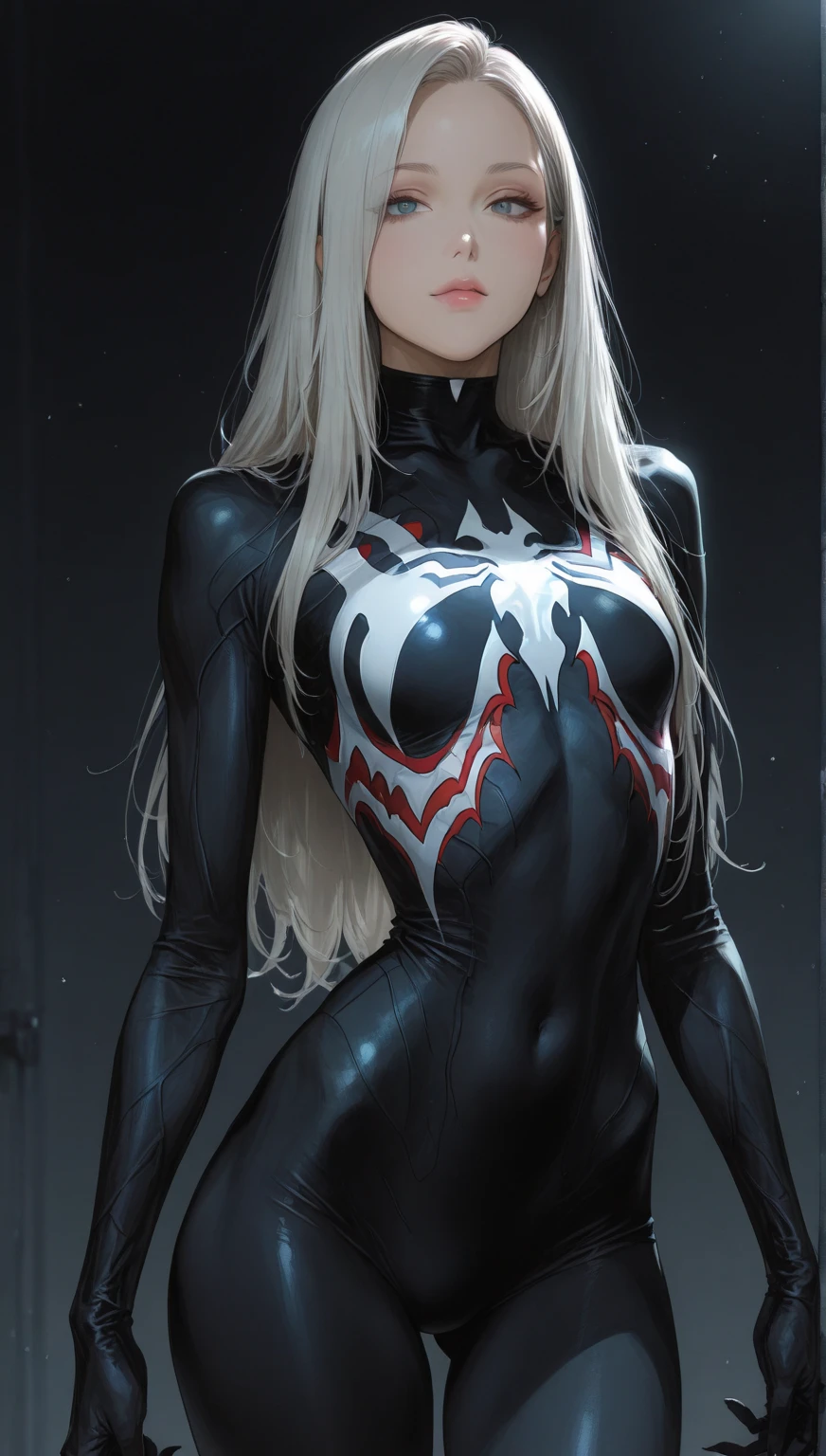 4K，realistically，charming，very detailed，There is a girl in Dingcheng，white hair，Wearing black Spider-Man costume，（black and white：1.4） night,symbiont，poison，lots of mucus,She is a hero，Black superhero theme，in front of the sky，complexion，( spread legs， camel toe，， vulva shape：1.3）,(GGcamel toe:1.3)，25 years old，Full body female love