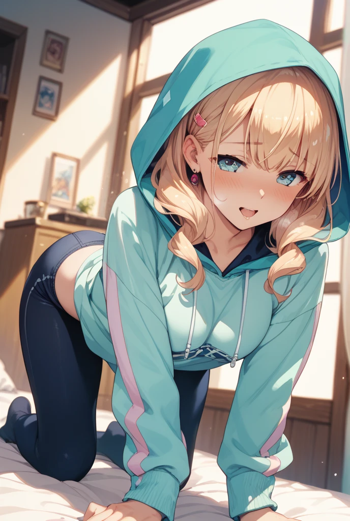 (masterpiece:1.2, best quality), (highly detailed), gym locker room, 1girl, 13yo girl, teen, long legs, long hair, blonde, (white panties), (blue sonic the hedgehog hoodie), hood on, sneakers, standing, smile, Original Character, Volumetric Lighting, Best Shadows, Shallow Depth of Field, (Highest Quality, Amazing Details:1.25), Brilliant Colorful Paintings
