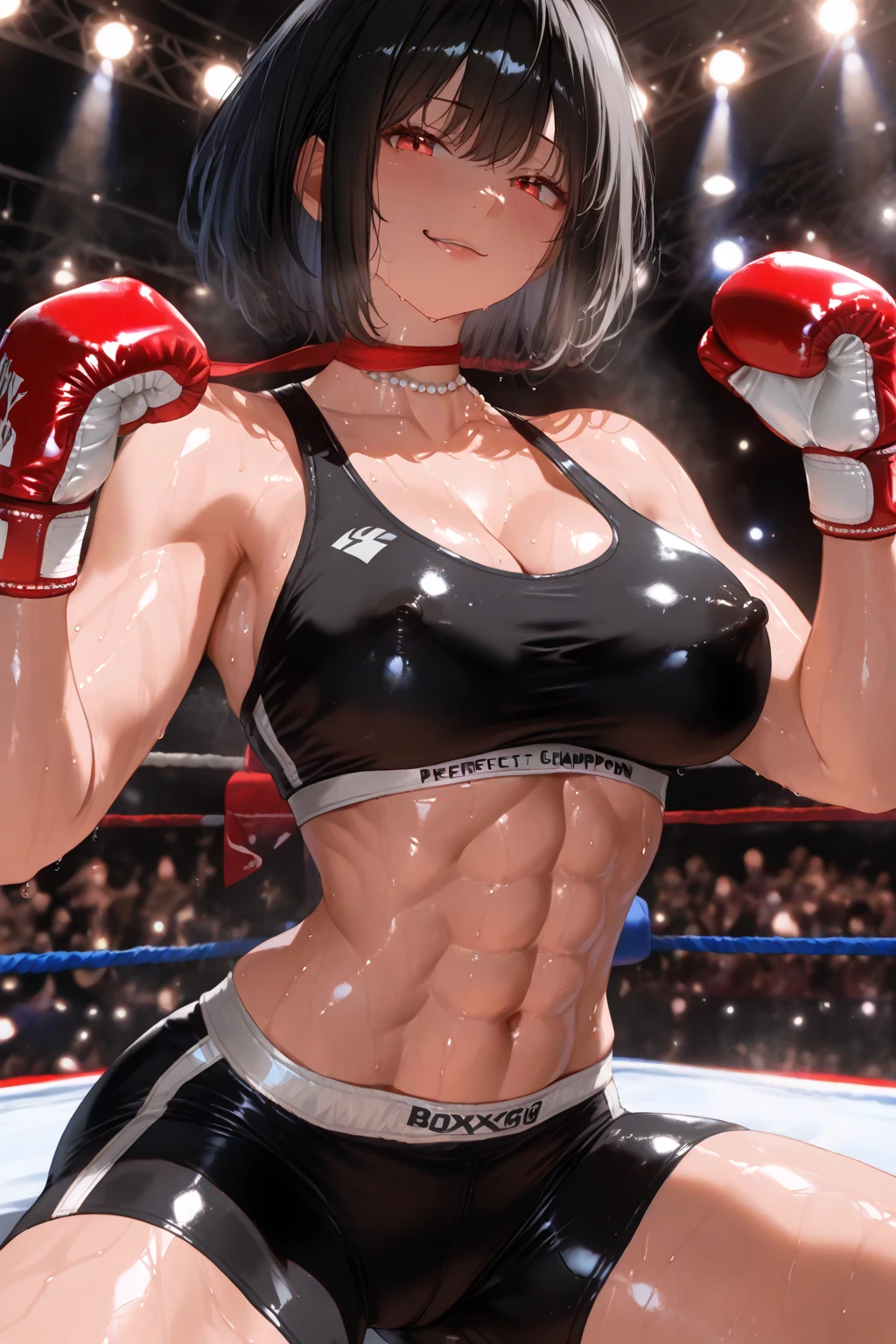 masterpiece, highest quality, (realistic, realistic: 1.4), (RAW photo: 1.2), very delicate CG Unity 8K wallpaper, very delicate beautiful, wonderful, boxing pose, attention to detail, official art, That&#39;s ridiculous, incredibly That&#39;s ridiculous, huge file size, very fine, very delicate, Beautiful eyes and face, beautiful and delicate eyes, light shines on your face, girl, ponytail, (pompom) belly button, half, PE Uniform Short Sleeve Crop Top T-Shirt, boxing gloves, bare arms, bangs, boxing gym, Boxing rings, Ulchan-6500-v1.1