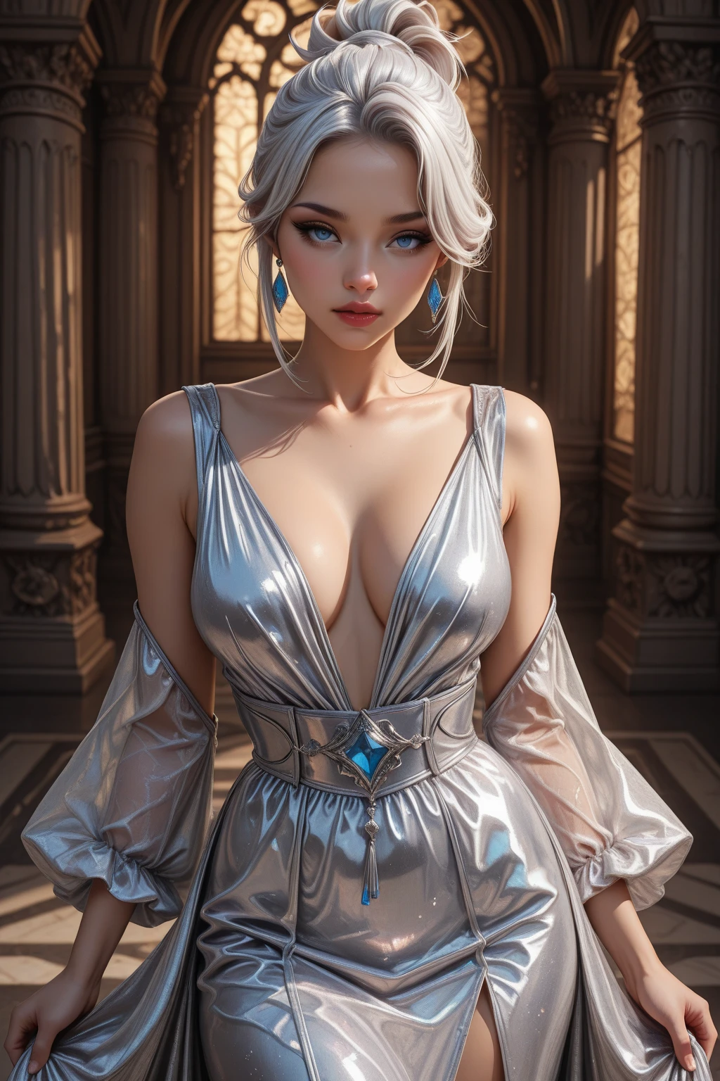 (masterpiece), (best quality), ((ultra-detailed)), (hyperrealistic), (highly detailed photo), cinematic lighting, photorealistic, extremely beautiful young lady in the marble rocks, intricate detailed silver glittering dress, shining, gloss, crisp, flirty, epic, focus, artistic, very bright, intricate hairstyle