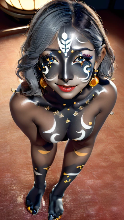 32k, total nude full body view from head to toe of black skin young skinny woman, ((without clothes, black skin, absolutely nude, small boobs)), very beautiful tribal raccoon sexy skinny young 20 yo woman with excessive intricately detailed vivdly colorful facepaint bodypaint makeup, stunning radiant teal eyes, gorgeous white hair with pink highlights, magical night sky background, (total nude) full length body shot, trending on artstation, sharp focus, studio photo, intricate details, highly detailed, 32K resolution, perfect composition, perfect face, ultra detailed