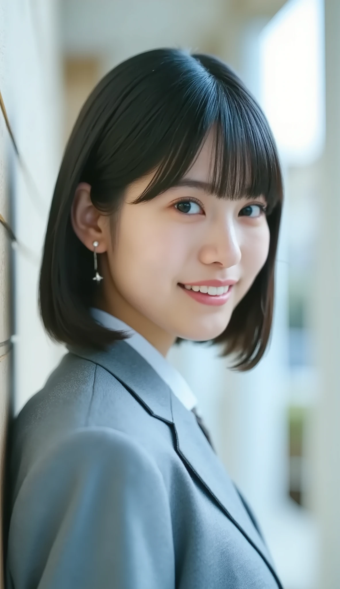 Neat Young Woman、and look at the camera、office lady suit、jacket、shirt、necklace、ear piercing、薄い茶髪、smile showing teeth、背景はオフィス