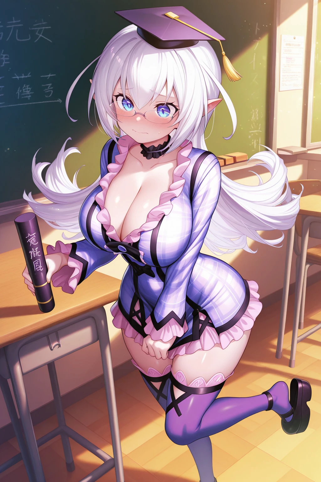 demon horns, red eyes, in classroom, mind control by succubus, naked, having sex, latex, POV from behind