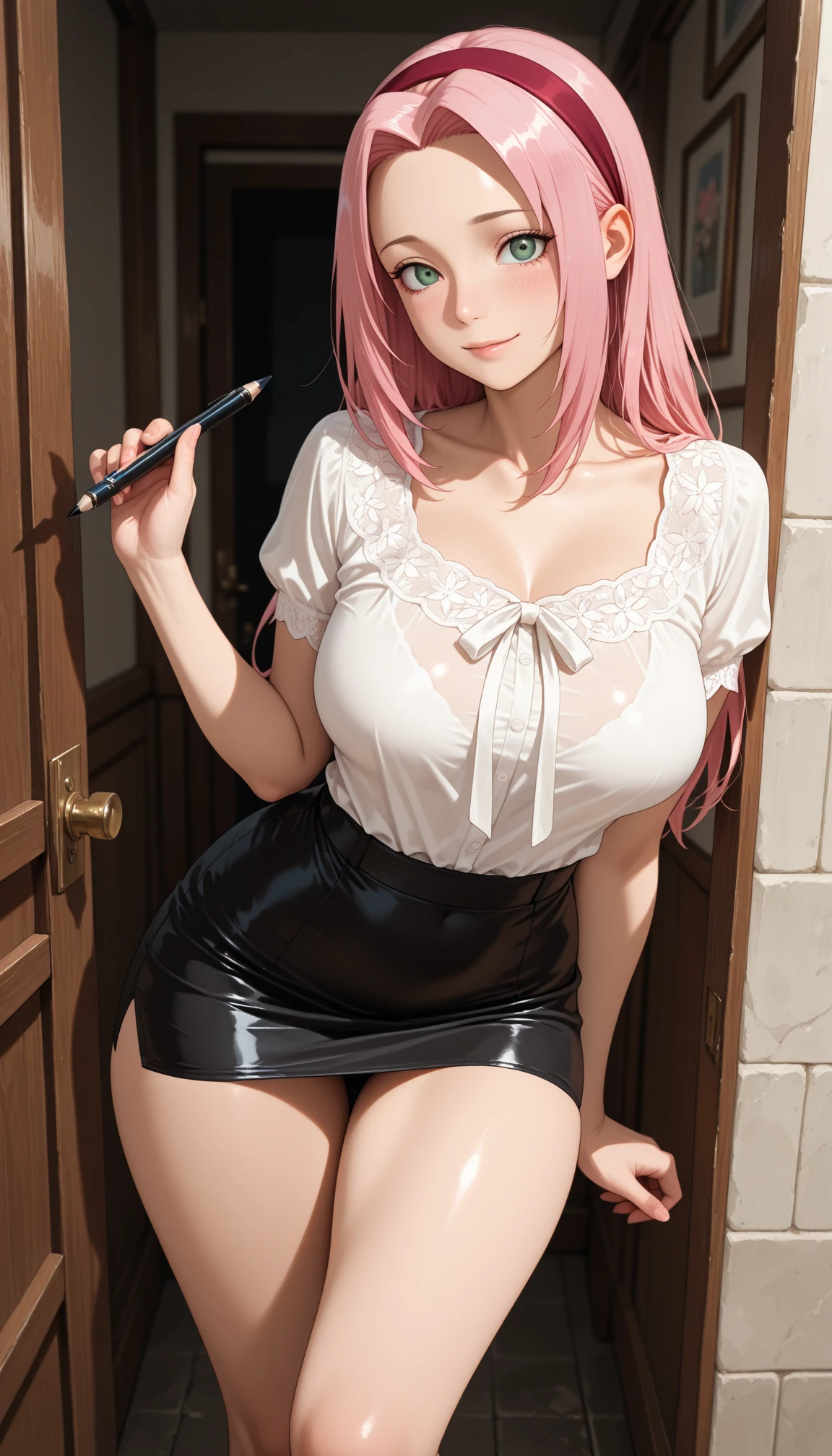8k, masterpiece, best quality, realistic, higly detailed, care taker shot, blue, black, 1girl, solo, Nino, cute, cold-looking girl, waist-length straight hair, square bangs hanging over eyebrows, reddish-pink hair, -shaped ribbons on both sides of head, dark blue eyes, average height, well-endowed figure, medium breasts, fashionable girl, various cute accessories, takes care of nails, Lover, show her boobs nudes:1.2, show her pussy:1.2, spread legs, on desk