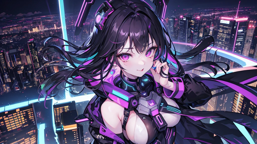 woman、Early 20s、cyber punk、Black Hair、Long Hair、Multicolored Hair、Golden Eyes、breast enhancement、