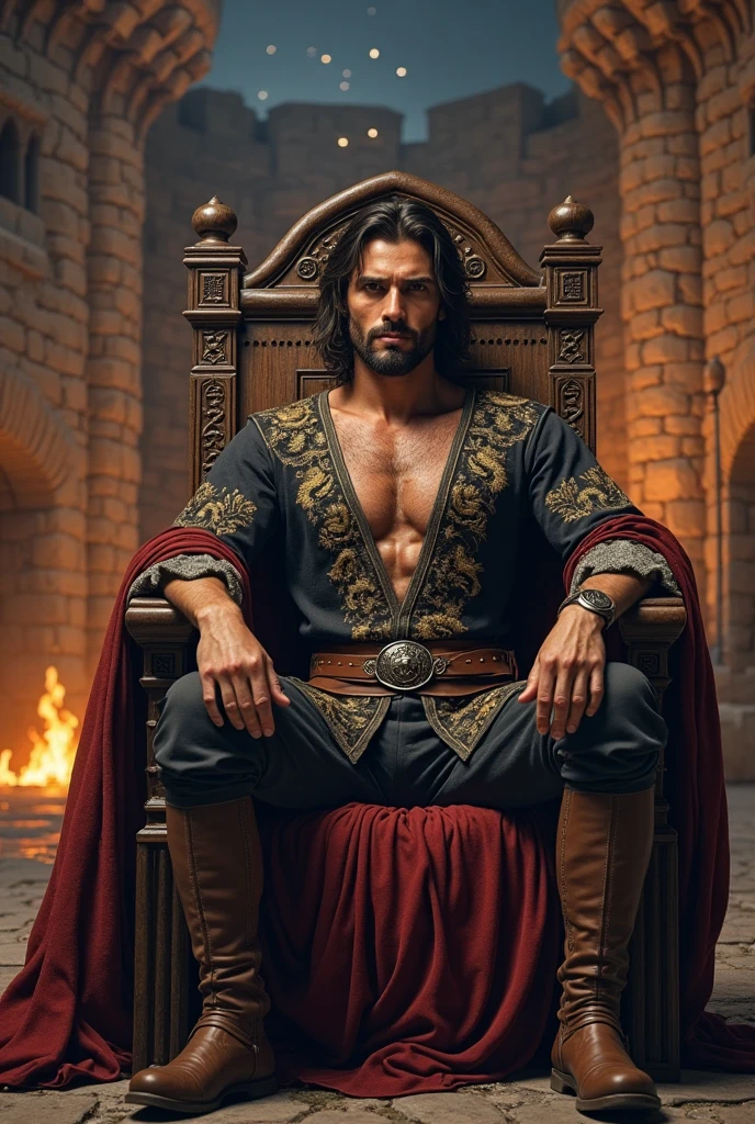 A king sitting on his throne killed with black blood so as not to be sensed, he has a sword stuck in his eye and another sword stuck in his belly, your nose is bleeding black