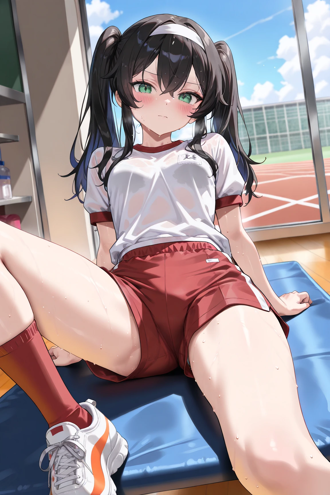 masterpiece, ultra quality, ultra sharp, ultra detailed, 1girl, solo, (((good anatomy))), haduki kurumi, (tattered torn dripping wet white gym shirt), navy gym pants, animal ears, randoseru, name tag, Japanese anime pose, laugh, BurumaShorts, Buruma, Gym Uniform, (((lying:1.4,  spread_legs, legspread, split_legs, spreading legs)), (randoseru backpack:1.4), (smirk smile), buruma, blue buruma, black buruma, (cameltoe), (tattered torn short sleeve white gym uniform with colored hem), (tiny nipples), (white long loose socks), strong lighting, legspread, bukkake, cum on clothes, cum on legs, cum on buruma, cum on bloomers,
