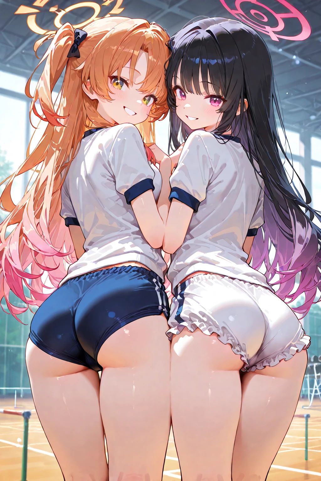 (Best quality, 8k, 32k, Masterpiece, UHD,:1.2),RAW, (2girls),ultra cute , natural lighting,transparent shining eyes, 20yo,medium breast ,fair complexion ,flushed face, (Pink floral hair ornament), brown hair, (sheer micro-panties:1.6), cameltoe, School, classroom, soft smiling, nsfw, ((school uniform)), show off panties, From Behind, leaning forward