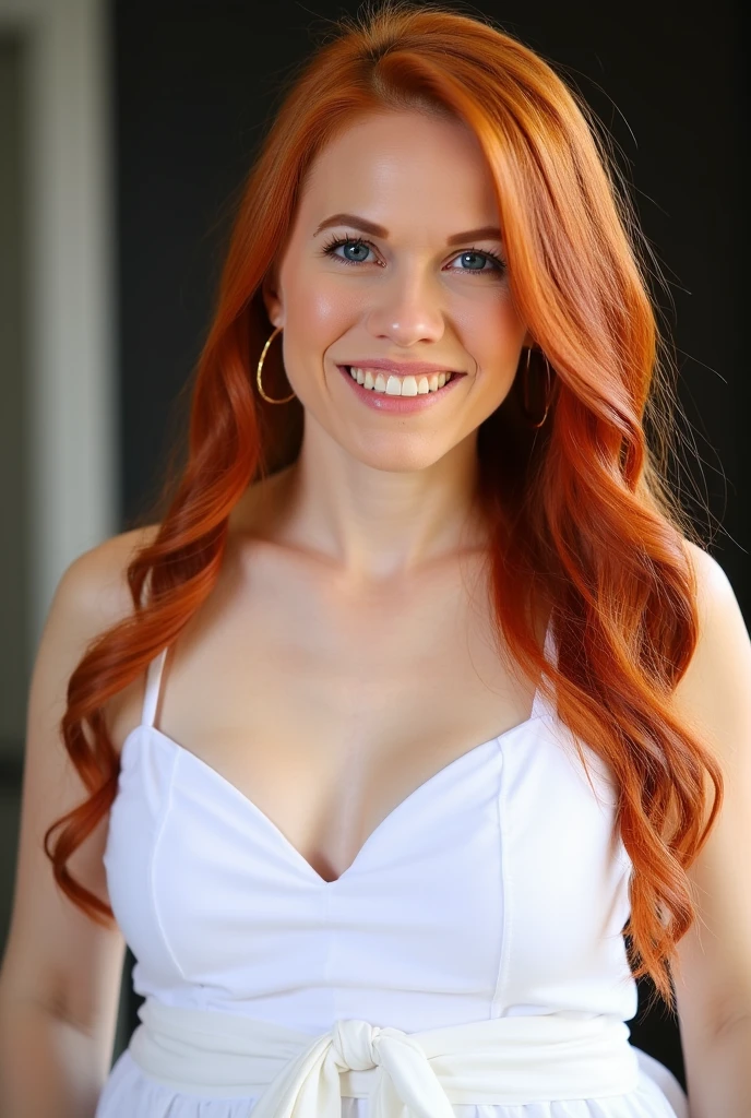 picture, best quality, a sexy 30yo beautiful JC<lora:JC:1.0>, long hair, looking at viewer, simple background, brown hair, bare shoulders, upper body, earrings, grin, lips, portrait, realistic, 8k, hdr, city background, casual clothes
