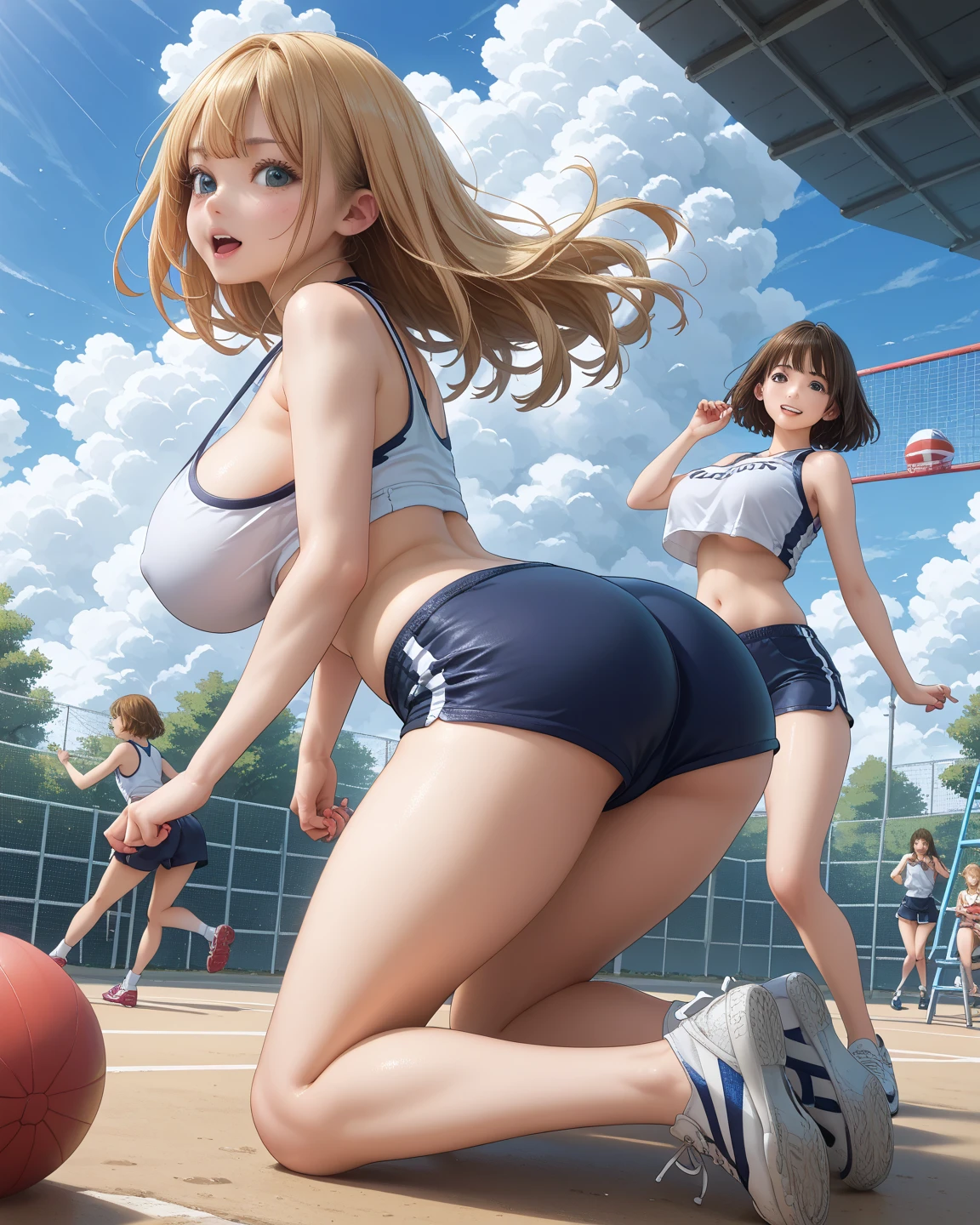 teenage girl、(masterpiece:1.4)、(In 8K、realistic、Raw photo、highest quality:1.4)、(real face:1.4)、(real looking skin:1.3)、超A high resolution、超realistic、beautiful detailed eyes、black short hair、white swimsuit、high detail、(huge breasts:1.5)、blush、embarrassed look、choker、school playground、sports conference、camel toe、huge tit、Nipple Puffs、cleavage、Plump、Super big breasts、super big butt、See-through、cowboy shot、Tracks on land、Track meet、audience、cheers、Crouching start、side ponytail、Standing at the starting line、Ready, set, go!