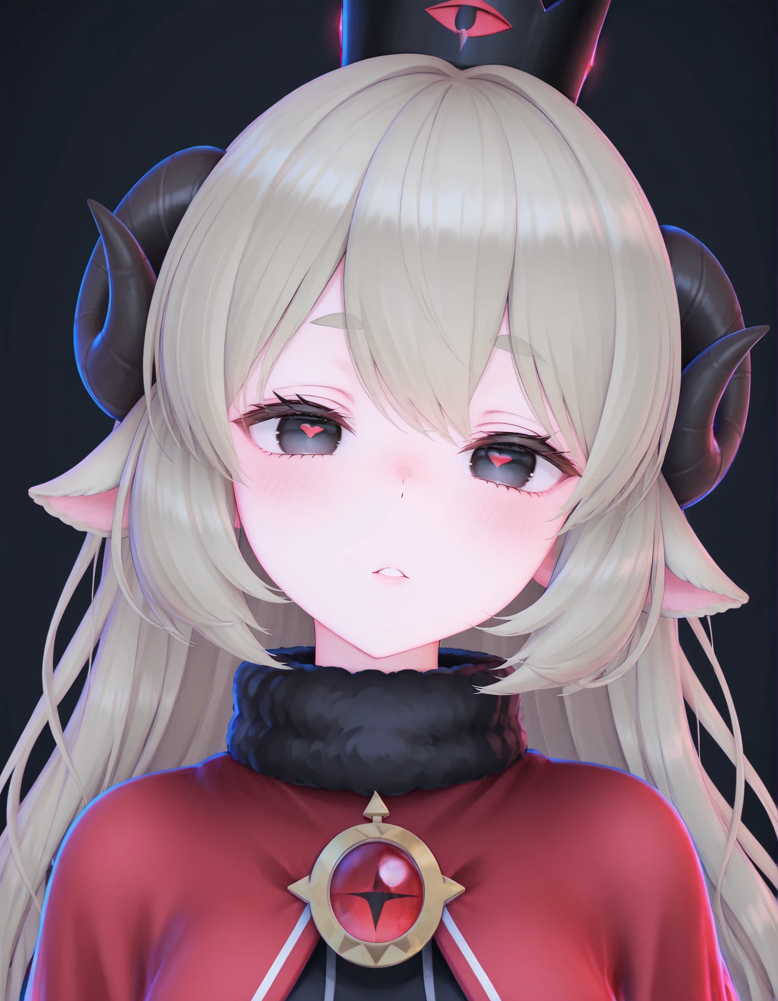 MMD,3D,, masterpiece, best quality, very aesthetic, 1girl, solo, cult of the lamb, sheep girl, collar, horizontal pupils, red/black eyes, red crown,