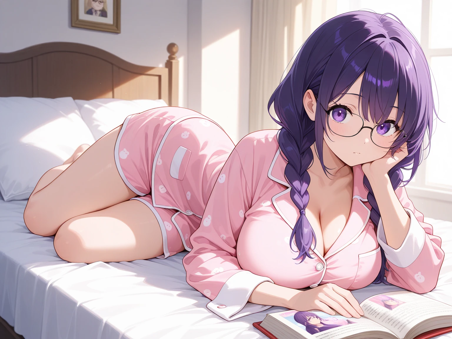 1girl, cabelo roxo, Peitos grandes, peitos detalhados, rechonchudo, Uma menina gordinha, cabelo roxo, peitos detalhados, usando pijama, pele escura, menina da pele negra, menina da pele escura, pele detalhada, peitos detalhados, olhos verdes, olhos verde-escuros, olhos verde-esmeralda, Menina gordinha, menina da pele escura, peitos, Peitos grandes, pijama, pijama, vestindo um pijama, vestido de dormir