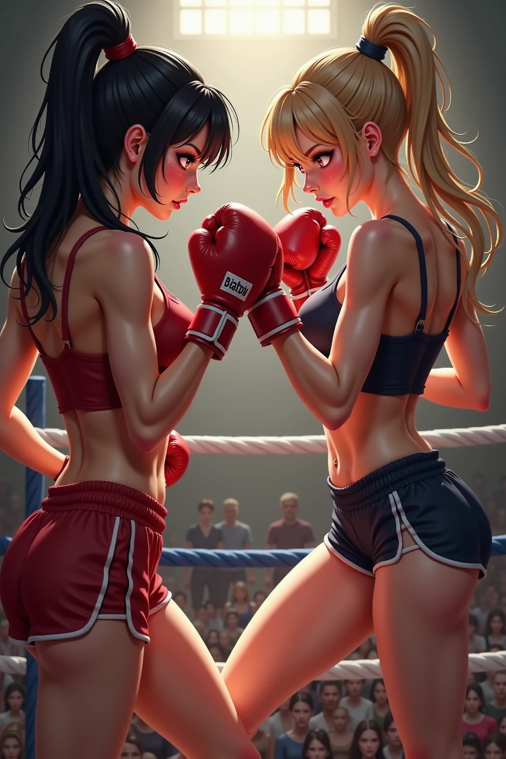 ((masterpiece)), surreal, Mihyeong, junior, muscle, Two women are in a ready position in the ring, Woman wearing red dolphin pants, gray sports bra top, brown ponytail and red boxing gloves, Woman with blonde short hair wearing white short sleeve crop top, blue bikini bottoms and blue boxing gloves