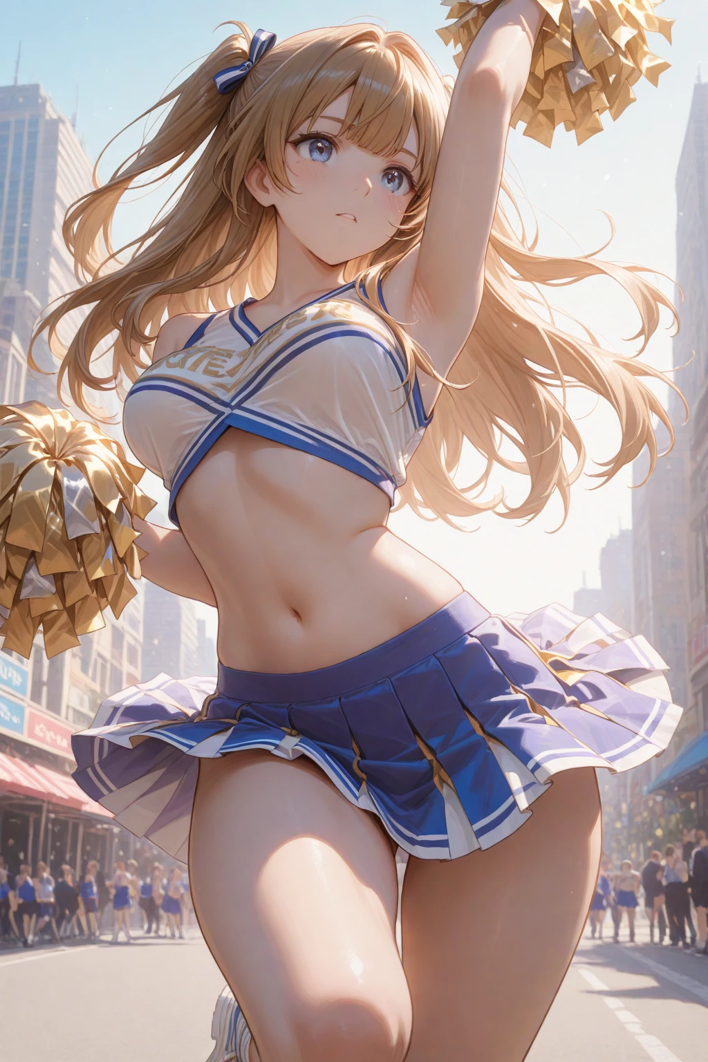 one woman,high school girl,big breasts,Belly exposure,highest quality,Super high quality,Cute face,cheerleader,Cheerleader,underboob,Breasts fully visible,sweat all over,nipples are visible,Angle from directly below,erect nipples,I'm rubbing my,