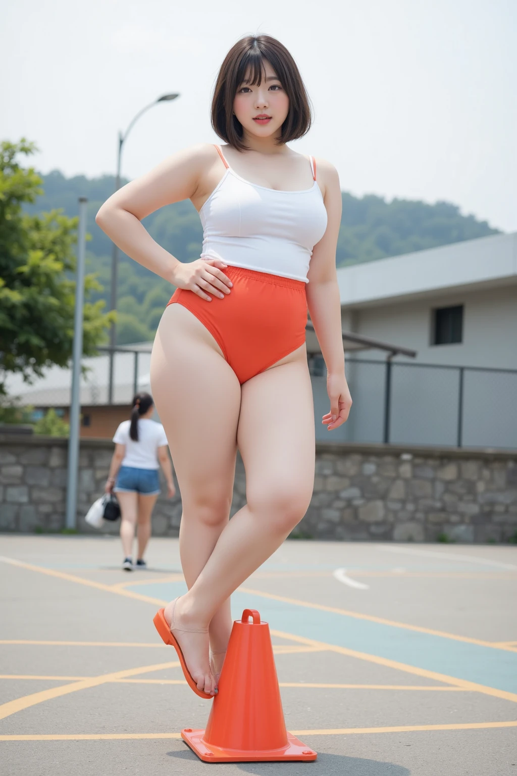 12 year old girl, tubuh chubby ,   pose acak di ruangan hitam, memakai sneakers warna merah, payudara kecil, paha tebal, , thick arm, hot , , fat belly, long dressed , SFW,  ,   , Wide cleavage, chest, large cleavage , massive thighs , armpit, , 